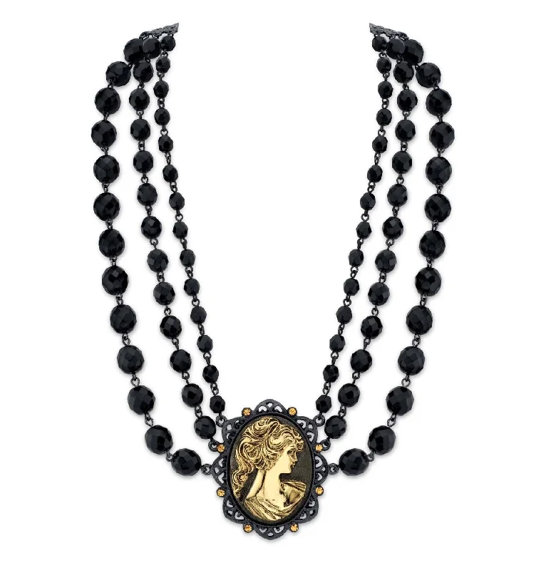 Women’s fancy necklace-Antiquities Couture Black Triple Strand Topaz Crystal Gold Victorian Princess Cameo Necklace 16" + 3" Extender