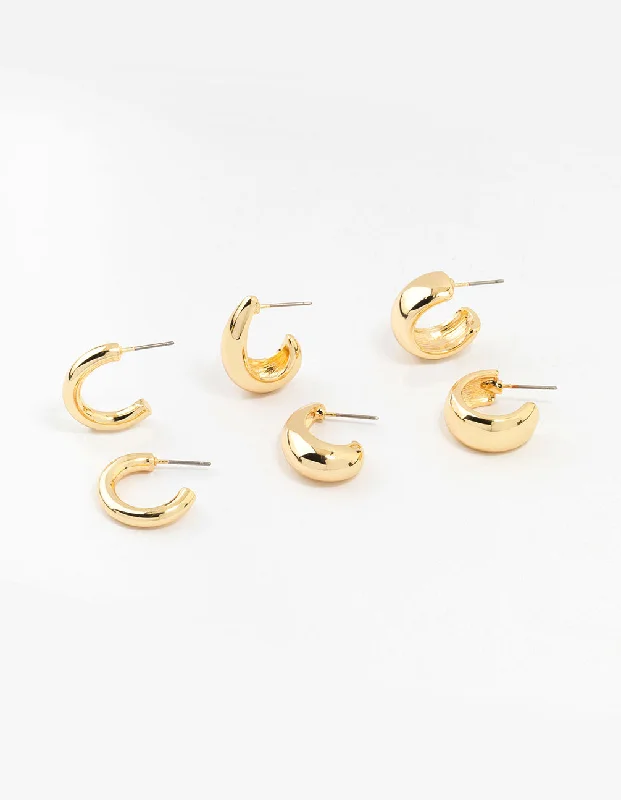 Women’s drop earrings-Gold Plated Chunky Hoop Earrings 3-Pack