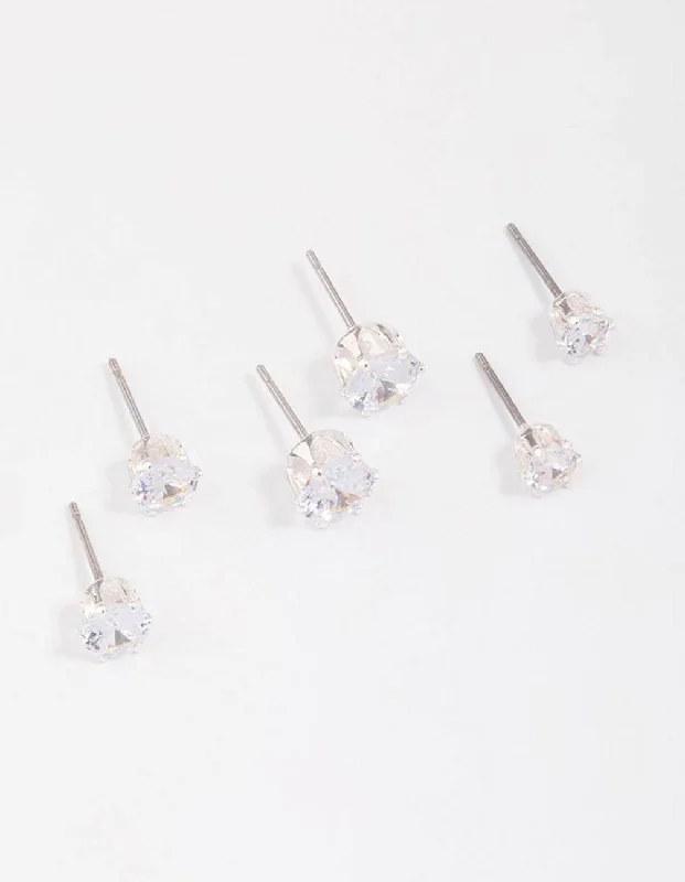 Women’s crystal chandelier earrings-Silver Graduating Diamante Stud Earring 3-Pack