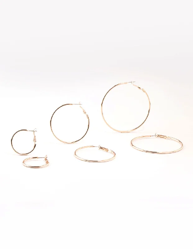 Women’s sparkling stud earrings-Rose Gold Plated Plain Hoop Earrings 3-Pack