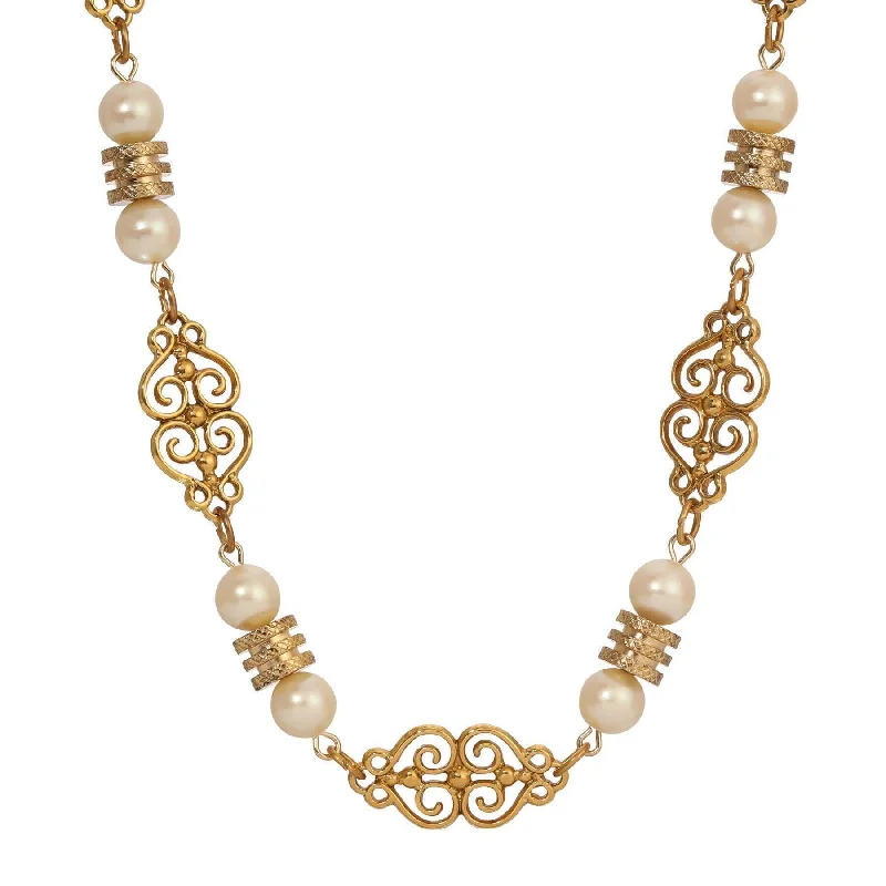 Women’s flower necklace-1928 Jewelry Gold Heart Filigree & Faux Pearl Link Necklace 16" + 3" Extension