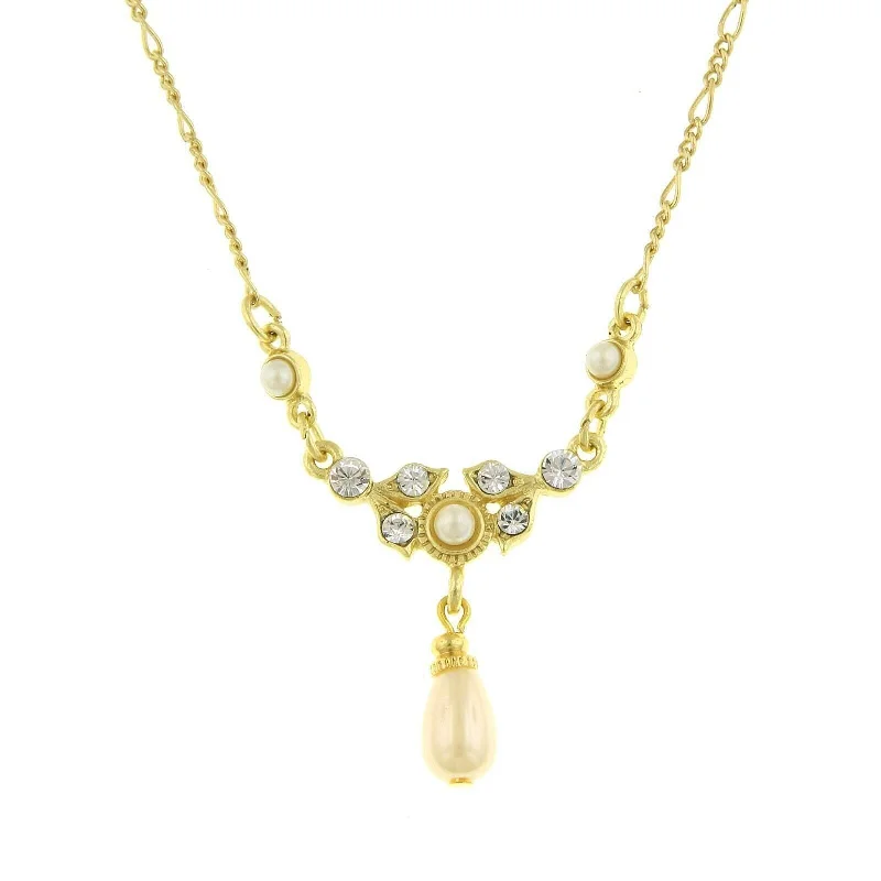 Women’s chic pendant necklace-1928 Jewelry Faux Pearl And Crystal Teardrop Necklace 16" + 3" Extender