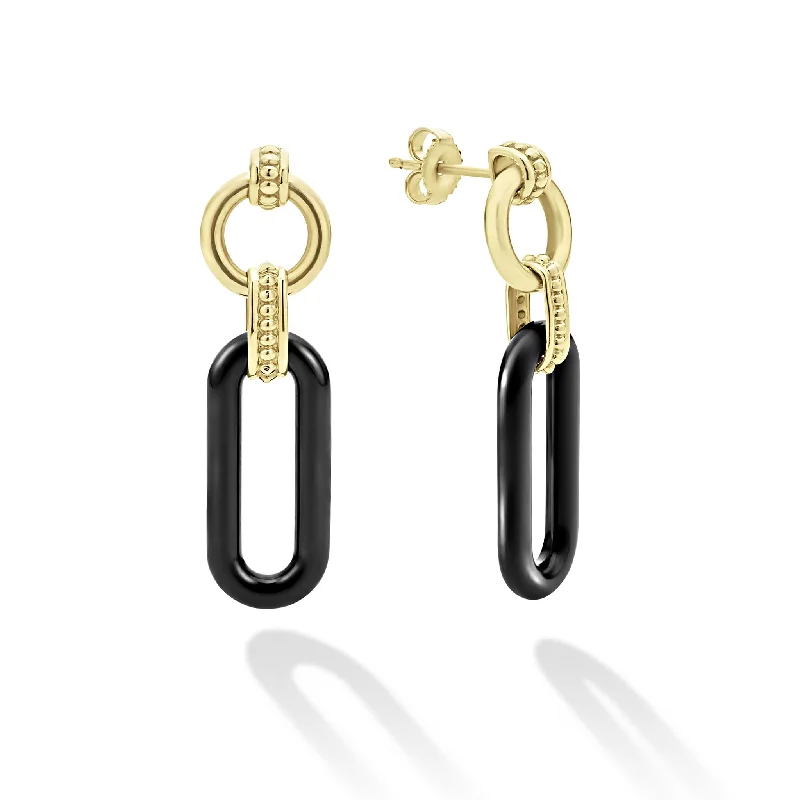 Women’s minimalist stud earrings-Signature Caviar 18K Gold and Black Ceramic Link Drop Earrings