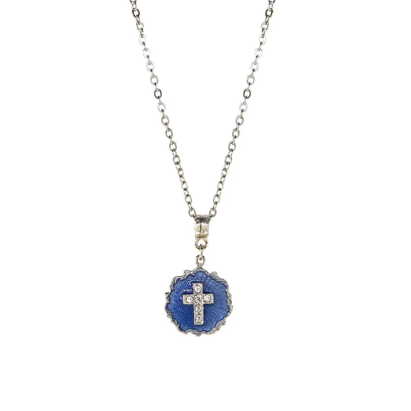 Women’s platinum necklace-Symbols Of Faith Sunburst Blue Enamel Crystal Cross Pendant Necklace 16" + 3" Extender