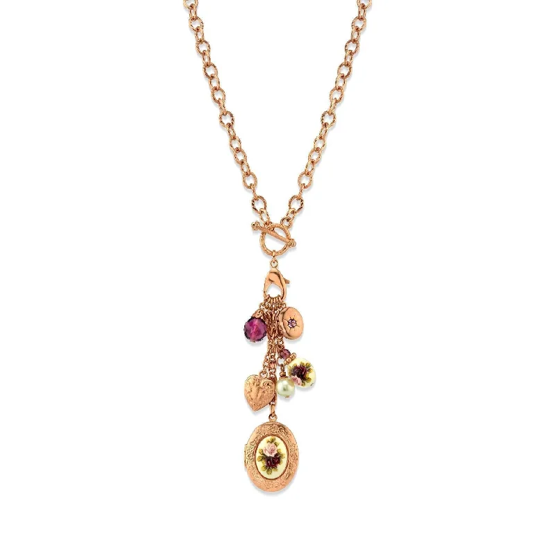 Women’s twisted chain necklace-1928 Jewelry Manor House Pink Purple Rose Crystal Heart And Locket Charm Toggle Necklace 20"