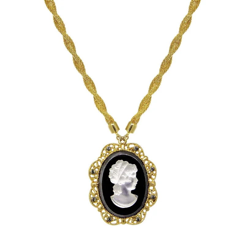 Women’s vintage gold necklace-1928 Jewelry Golden Era Noir Et Clair Cameo Necklace 16" + 3" Extension