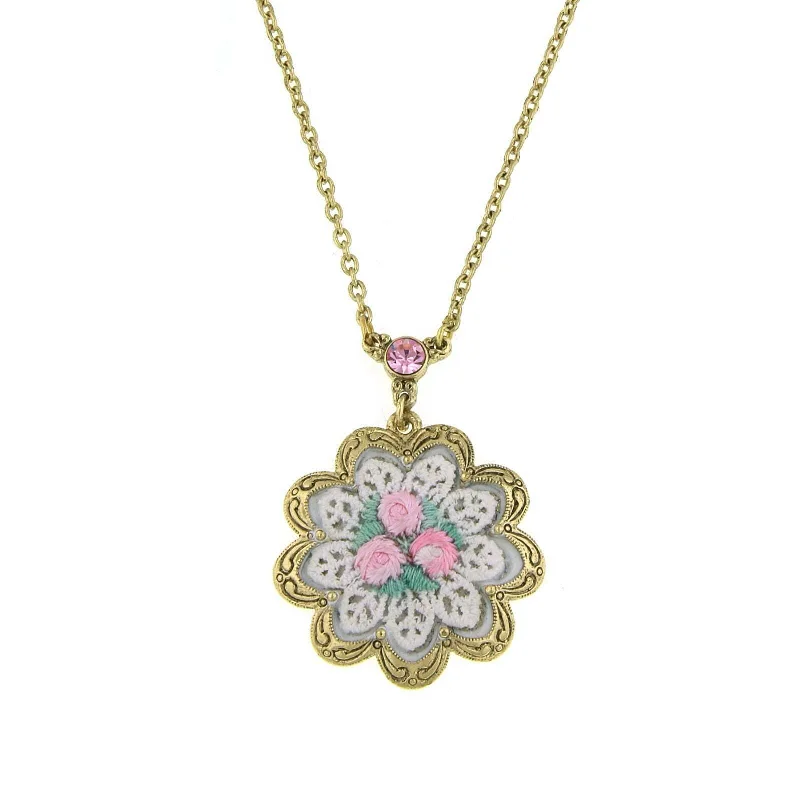 Women’s pendant necklace-1928 Jewelry Knit Doily Pink Rose Flower Crystal Accent Pendant Necklace, 16 + 3" Extender