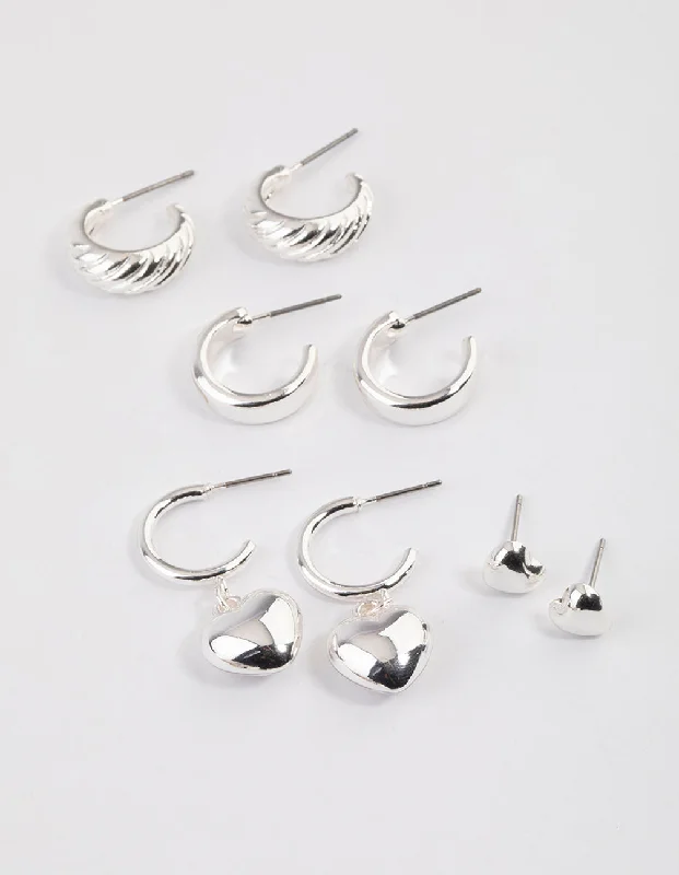 Women’s handmade earrings-Silver Puffy Heart & Hoop Earrings 4-Pack