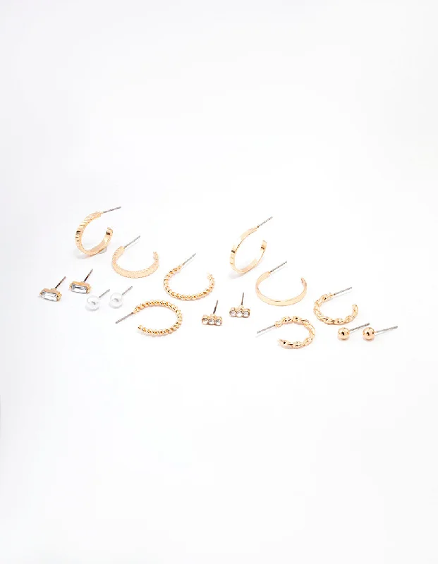 Women’s drop earrings-Gold Diamante & Pearl Hoop Earring 8-Pack