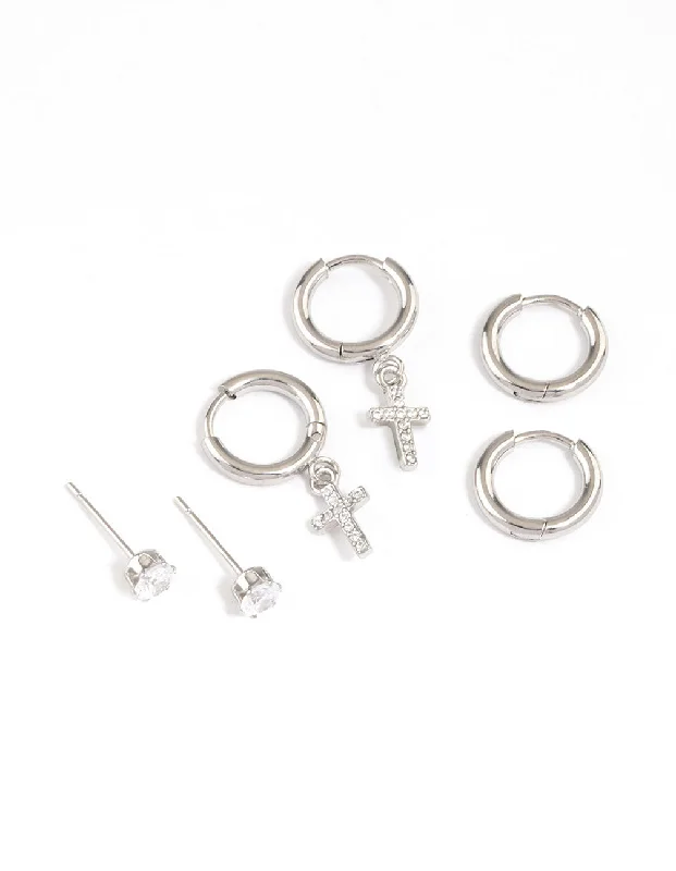 Women’s rainbow earrings-Surgical Steel Small Cross Huggie Earrings Pack