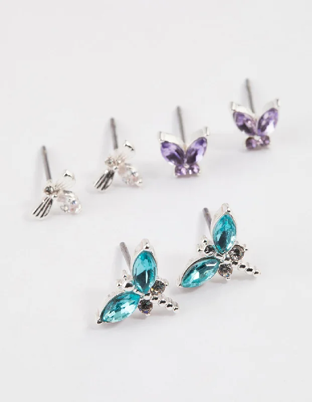 Women’s luxurious earrings-Silver Mixed Butterfly Stud Earrings Pack