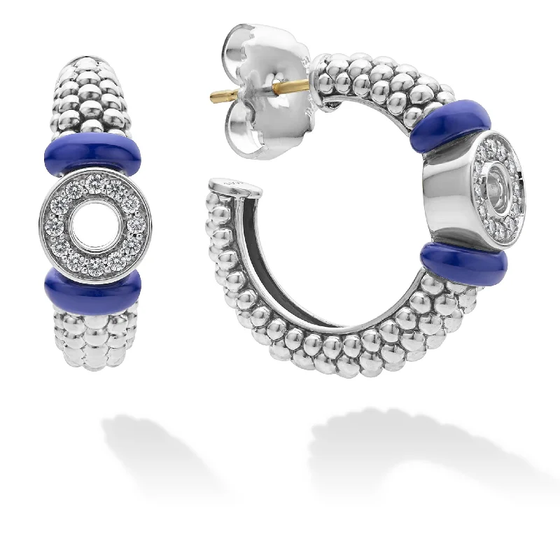 Women’s bohemian earrings-Blue Caviar Ceramic and Diamond Circle Hoop Earrings