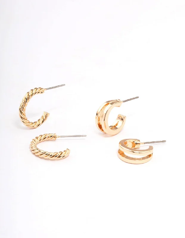 Women’s platinum earrings-Gold Double Hoop & Spiral Earring Pack