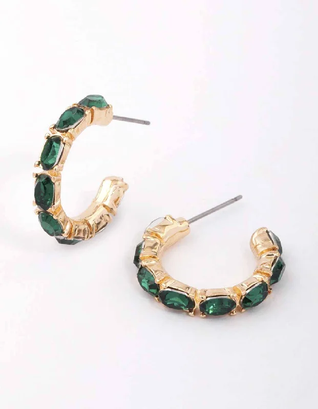 Women’s classic diamond earrings-Green Encased Oval Diamante Hoop Earrings