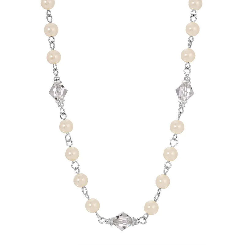 Women’s long chain necklace-1928 Jewelry Isles Crystal 6mm Faux Pearl Strand Necklace 15" + 3" Extender