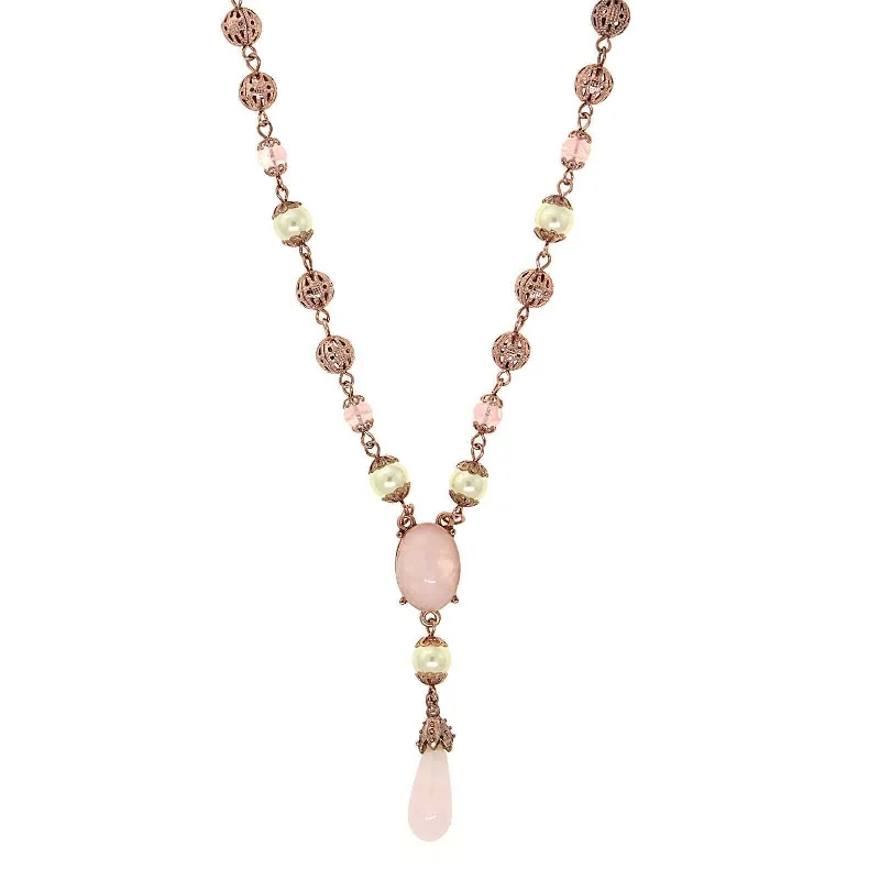 Women’s long chain necklace-1928 Jewelry Rose Gold Faux Pearl Rose Quartz Y Necklace 16" + 3" Extender