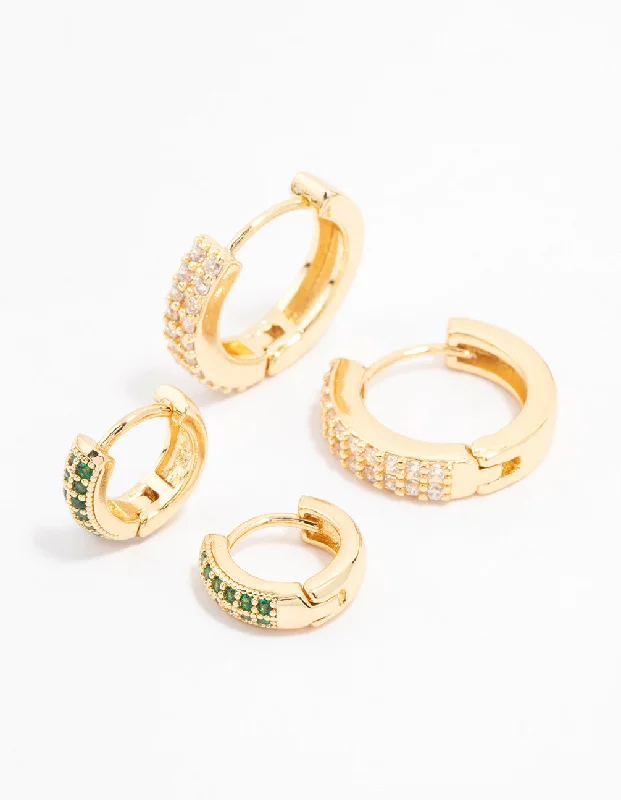 Women’s long earrings-Gold Plated Cubic Zirconia Emerald Pave Hoop Earrings 2-Pack