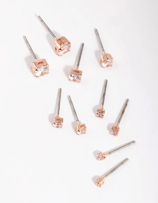 Women’s tiny stud earrings-Rose Gold Diamante Stud Earring Pack