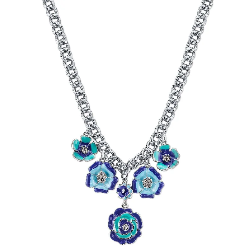 Women’s multi-strand necklace-2028 Jewelry Blue Enamel Flower Necklace 16" + 3" Extender