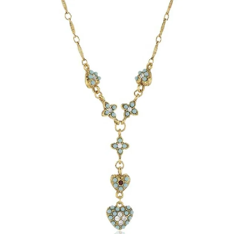 Women’s double pendant necklace-Antiquities Couture Crystal Turquoise And Red Heart Y Necklace 18"