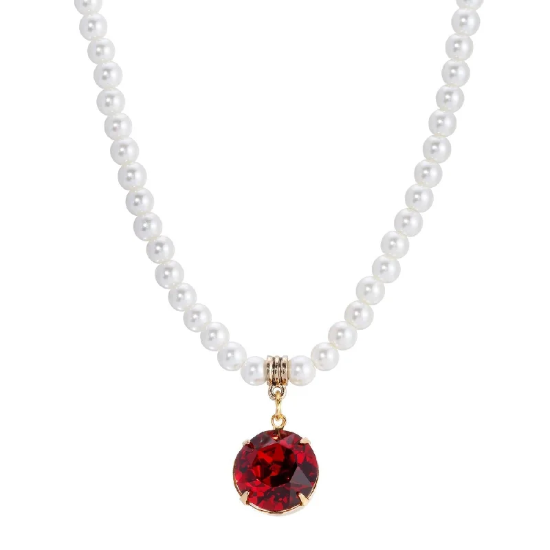 Women’s choker necklace-1928 Jewelry Faux Pearl Strand Siam Red Euro Crystal Pendant Necklace 15" + 3"