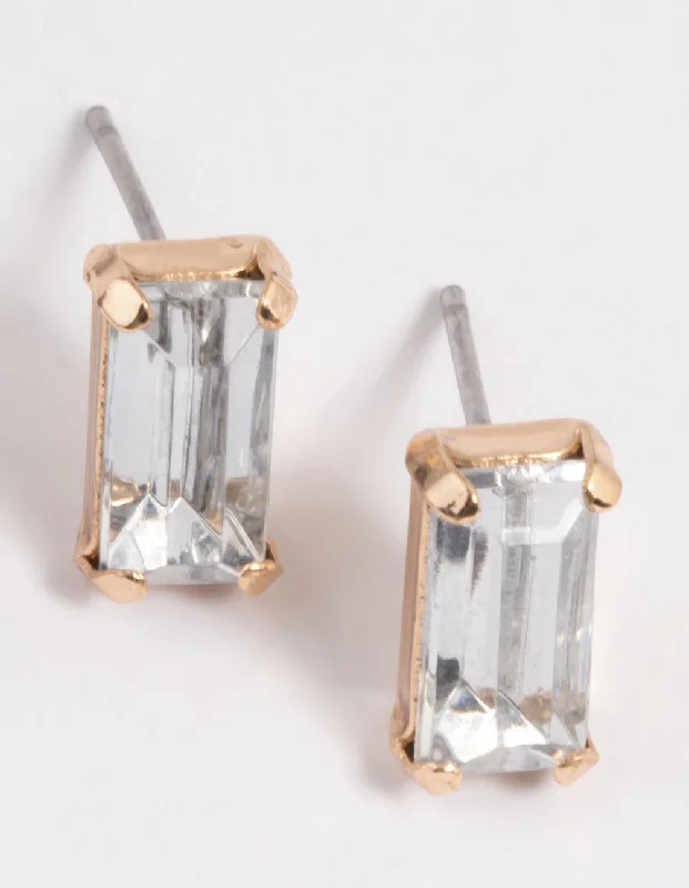 Women’s oval earrings-Gold Diamante Baguette Stud Earrings