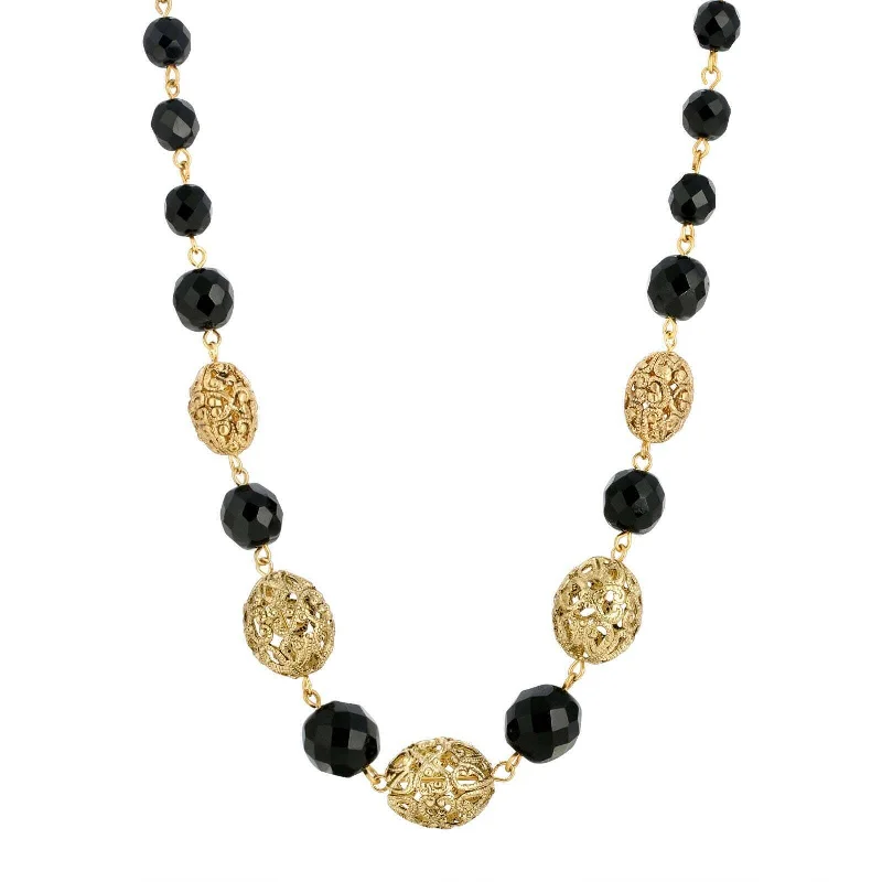 Women’s gold-plated necklace-1928 Jewelry Oval Filigree & Black Beaded Necklace 16" + 3 " Extender