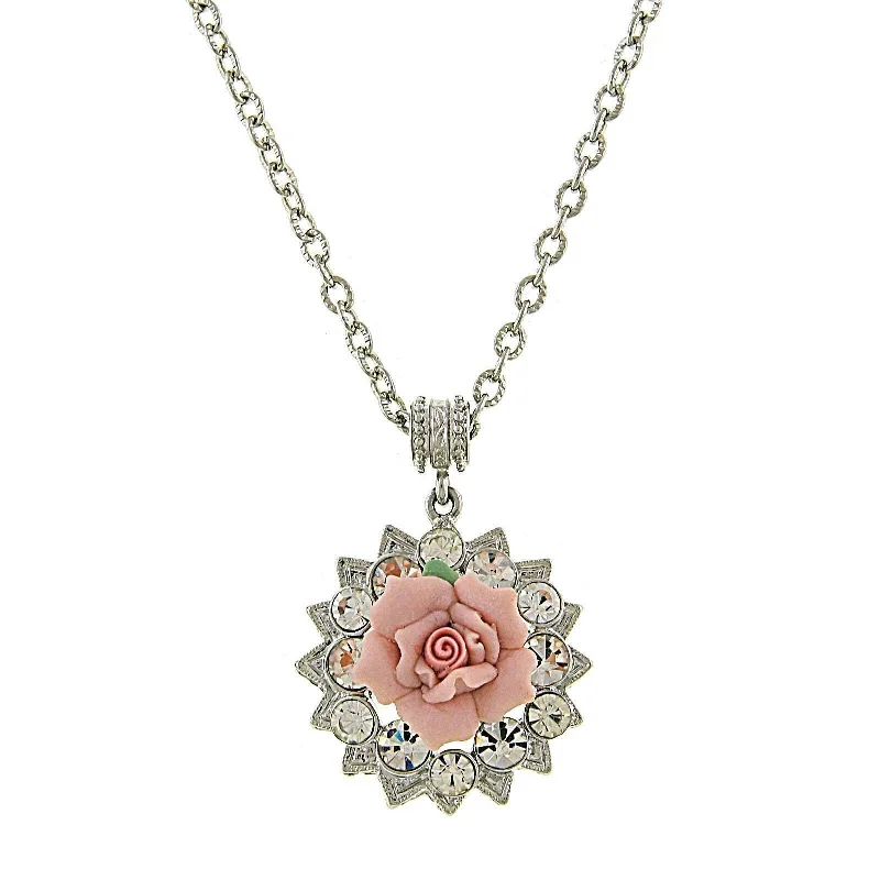 Women’s wedding necklace-1928 Jewelry Pink Porcelain Rose Crystal Accent Pendant Necklace 16" + 3" Extender