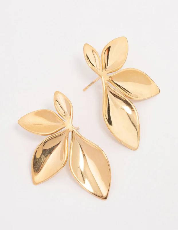 Women’s cubic zirconia earrings-Waterproof Gold Plated Stainless Steel Leaf Cluster Stud Earrings