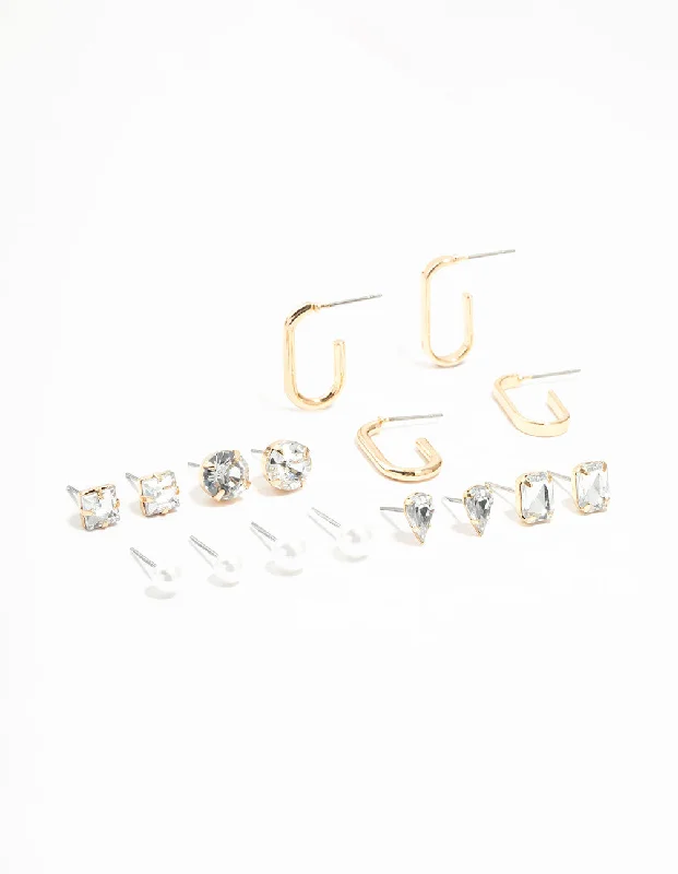 Women’s vintage-inspired earrings-Gold Hoop & Diamante Stud Earrings 8-Pack