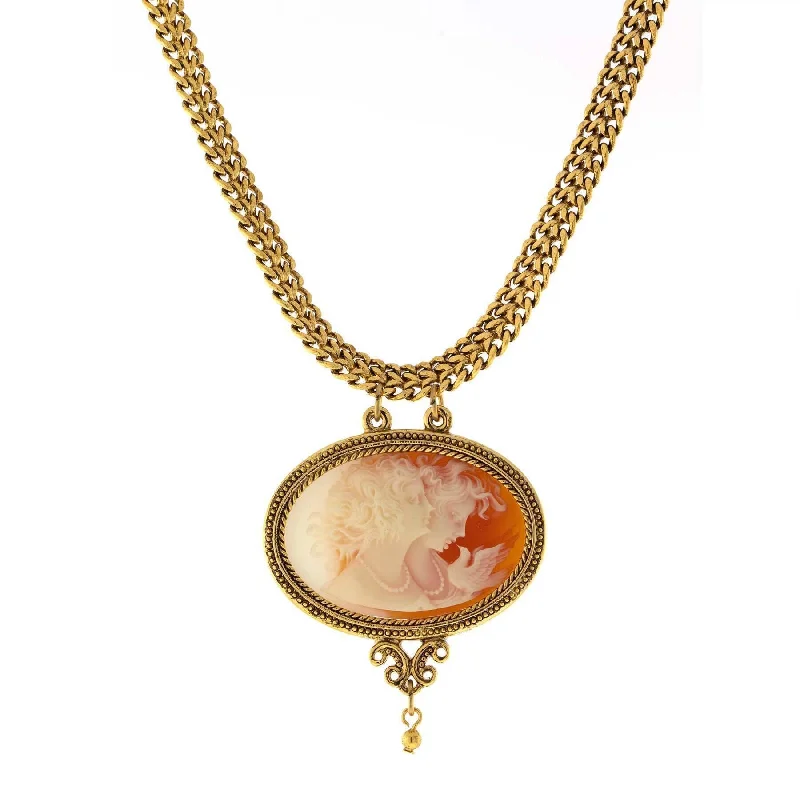 Women’s gold-plated necklace-Antiquities Couture Carnelian Red Cameo Twin Muse & Bird Pendant Necklace 17"