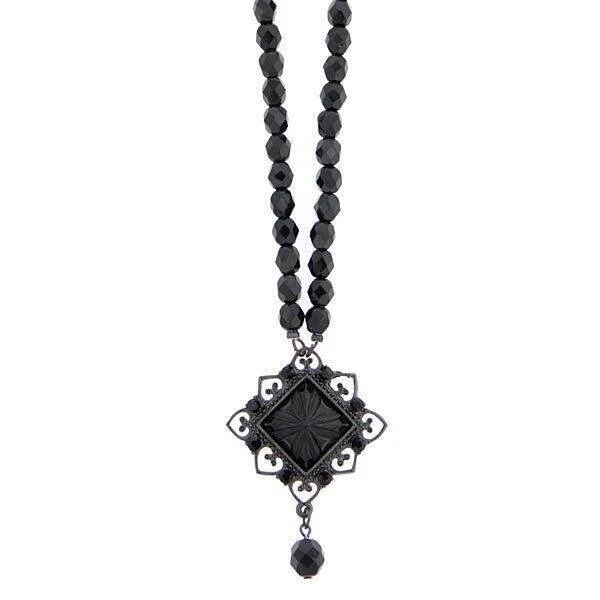 Women’s anniversary gift necklace-2028 Jewelry Black Square Beaded Pendant Necklace 15" + 3" Extender