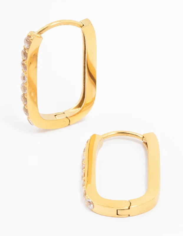 Women’s long earrings-Gold Plated Surgical Steel Diamante Oval Hoop Earrings