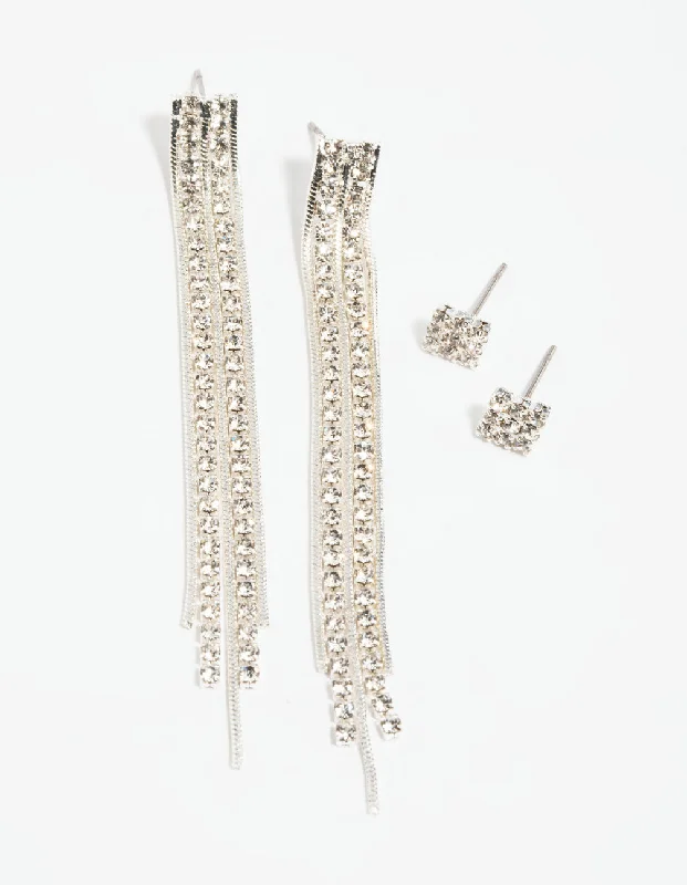 Women’s large earrings-Silver Diamante Stud Earring Set