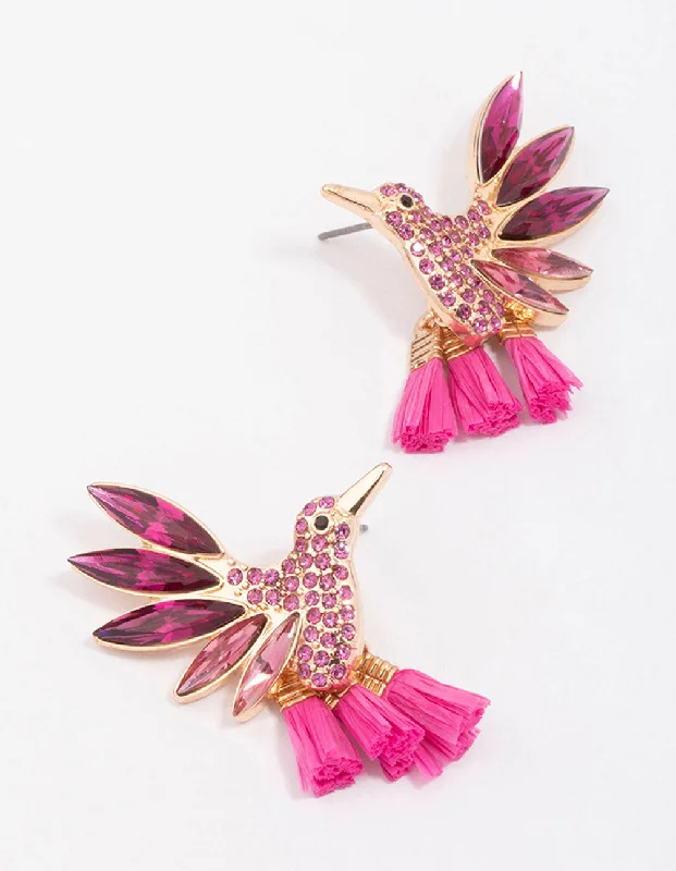 Women’s clip-on earrings-Pink & Gold Hummingbird Stud Earrings