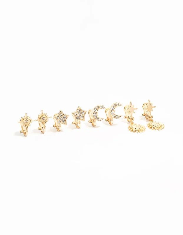 Women’s tiny stud earrings-Gold Star & Moon Clip On Earrings 4-Pack