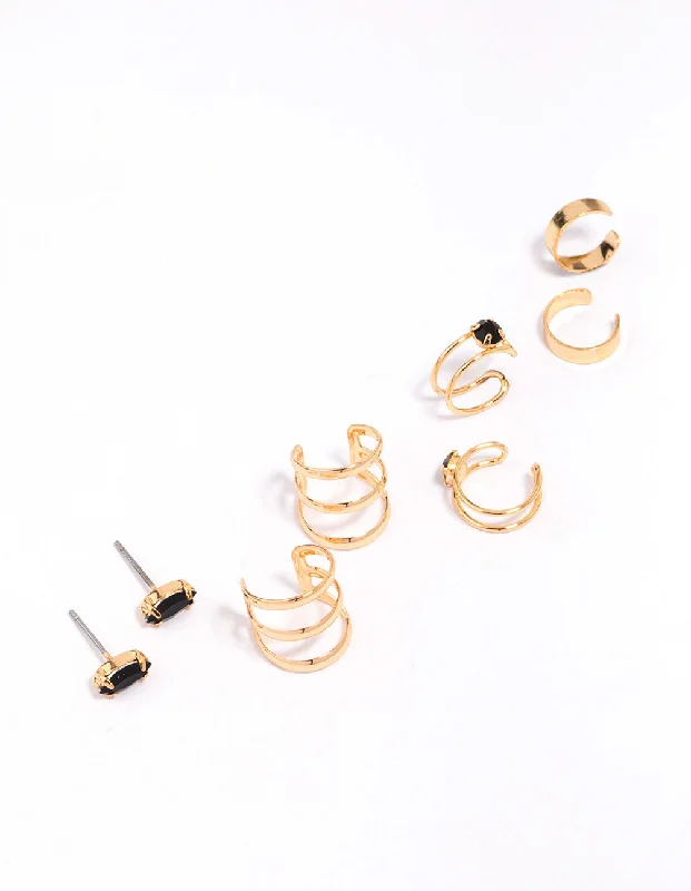 Women’s pearl earrings-Gold & Black Marquise Stone Earring 4-Pack