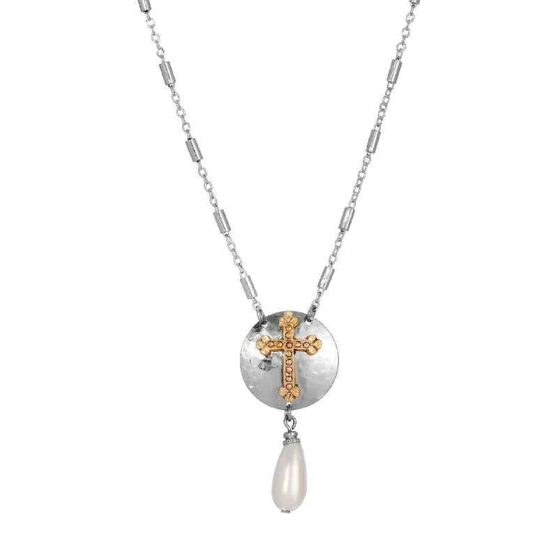 Women’s chunky necklace-Symbols Of Faith Silver Shield & Cross Pearl Drop Necklace 16" + 3" Extension