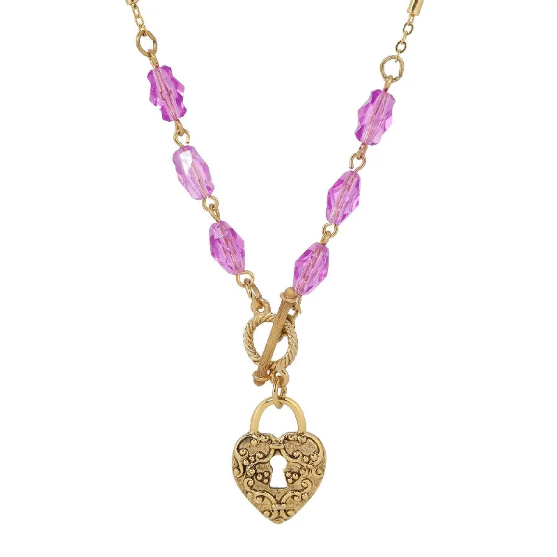 Women’s delicate necklace-1928 Jewelry Amethyst Enigma Heart Padlock Pendant Toggle Necklace 18"