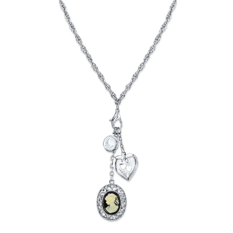 Women’s layered pearl necklace-1928 Jewelry Heart And Black Oval Cameo Charm Pendant Necklace 26"