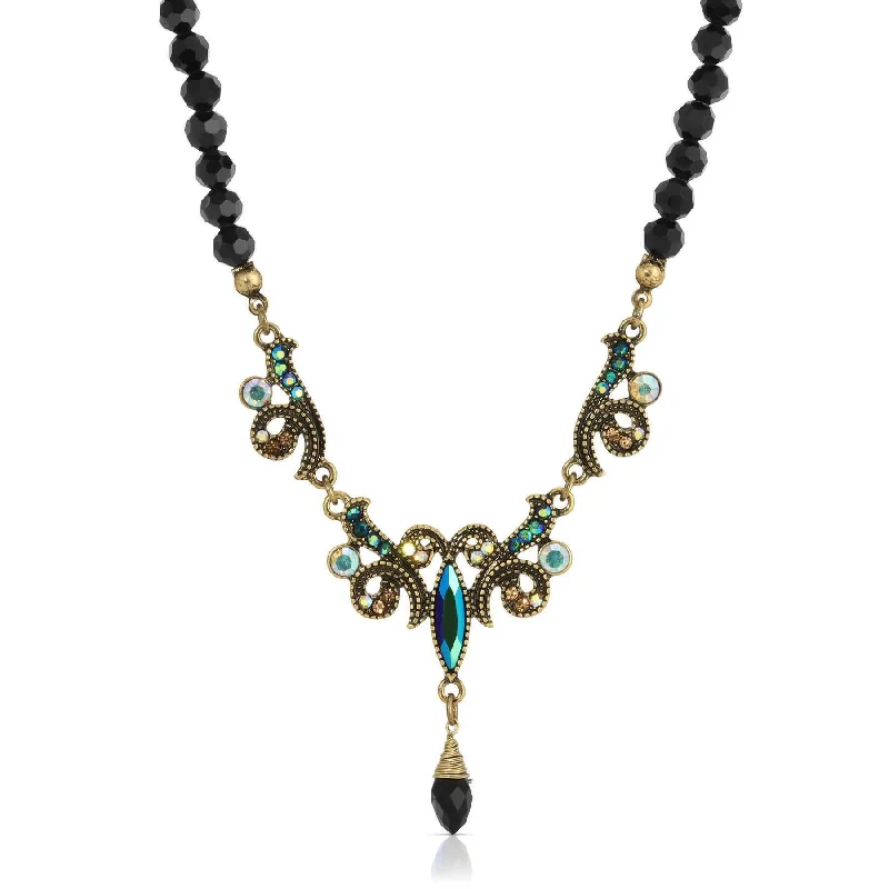 Women’s diamond necklace-1928 Jewelry Peacock Plumage Black Beaded Art Nouveau Style Multi AB Glass Stone Drop Pendant Necklace 16" + 3" Extender