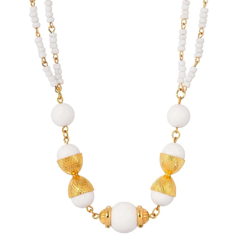 Women’s fashion chain necklace-1928 Jewelry Golden Cupule White Bead Necklace 16" + 3" Extension