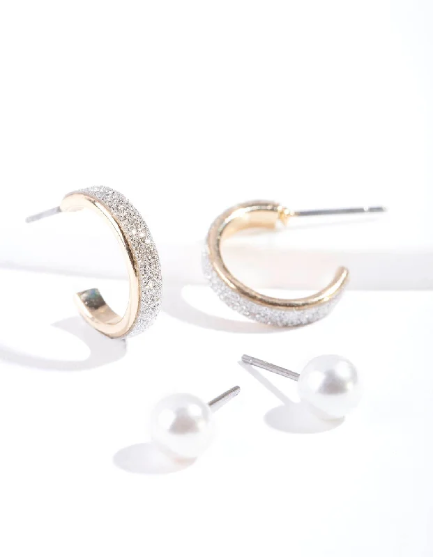 Women’s luxurious gold earrings-Gold Glitter Pearl Earring Pack