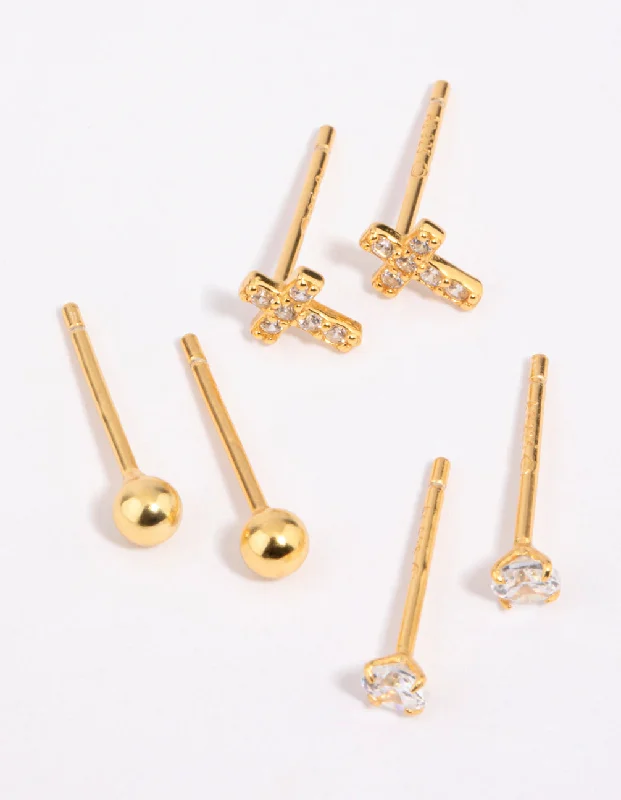 Women’s rose gold stud earrings-Gold Plated Sterling Silver Cross & Diamante Stud Earring Pack