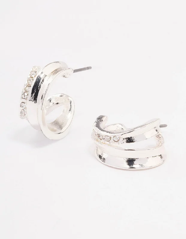 Women’s fashion earrings-Silver Diamante Ridged Double Hoop Earrings