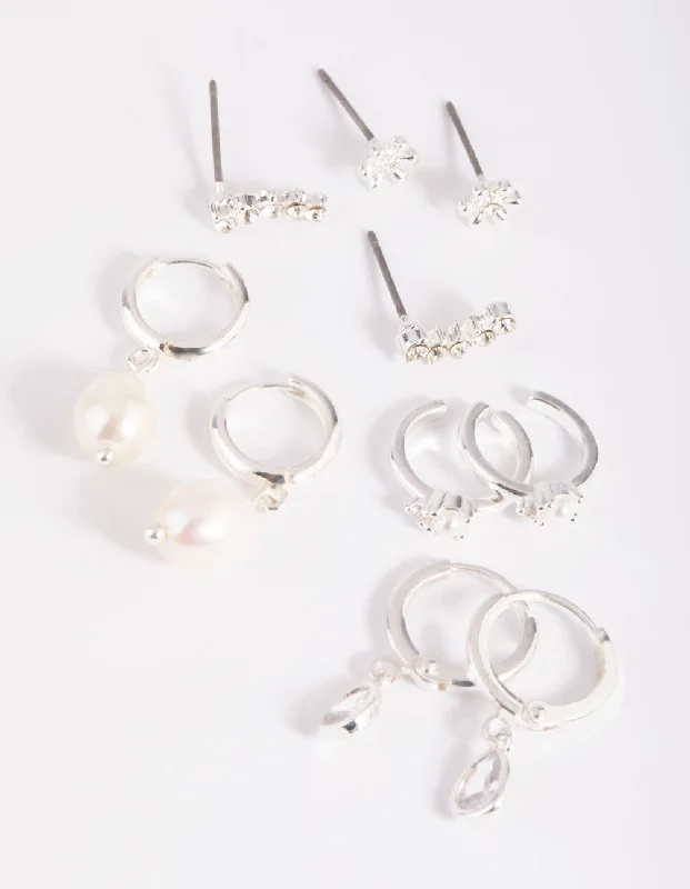 Women’s bohemian earrings-Silver Diamante & Freshwater Pearl Huggie Hoop Earrings