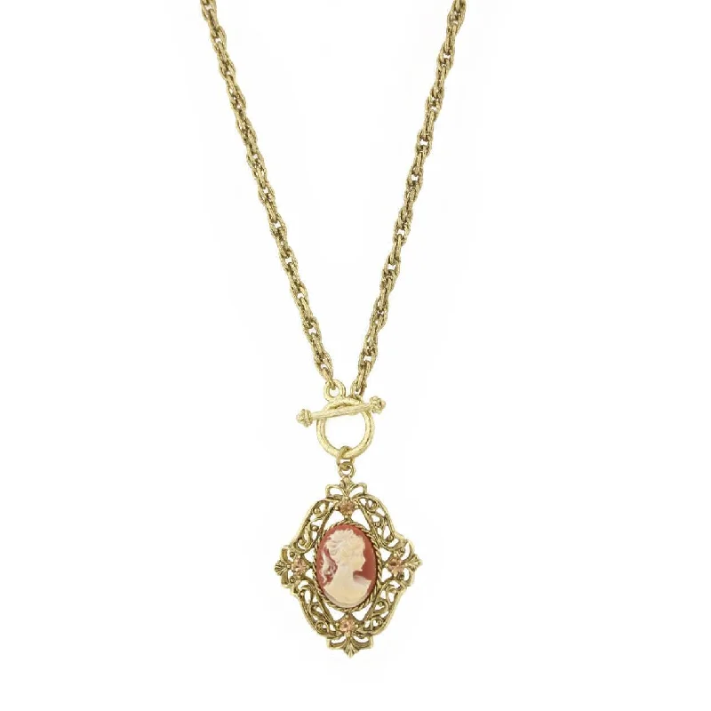 Women’s charm necklace-1928 Jewelry Victorian Filigree Crystal Cameo Pendant Necklace 26"