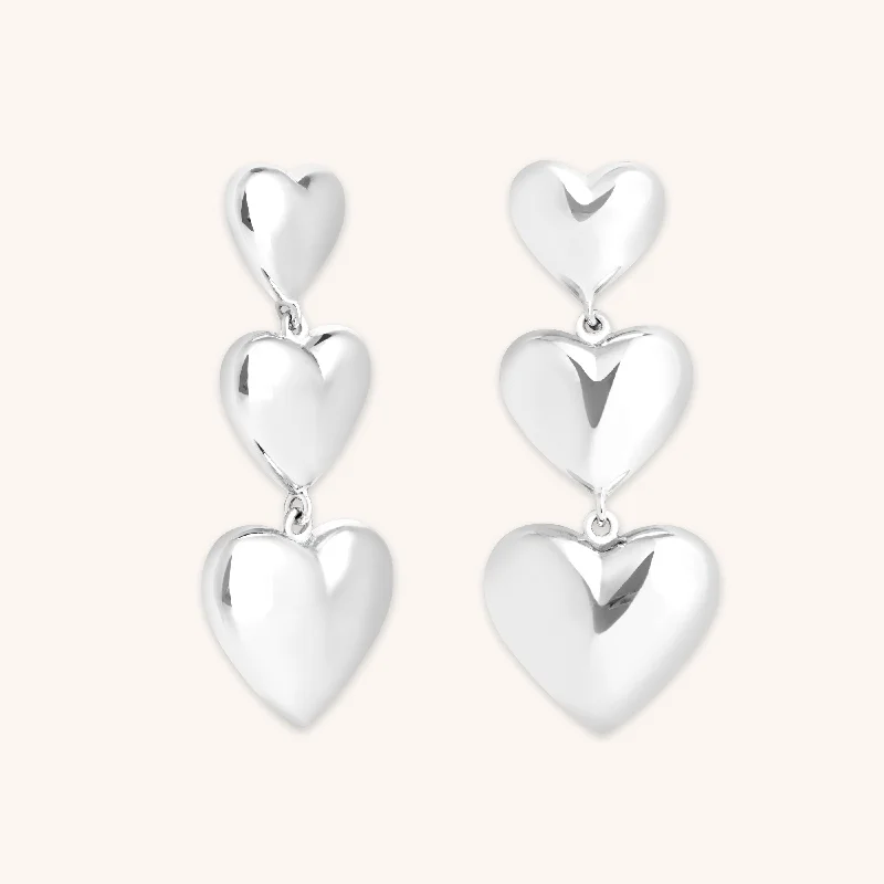 Women’s statement earrings-Heart Drop Stud Earrings in Silver