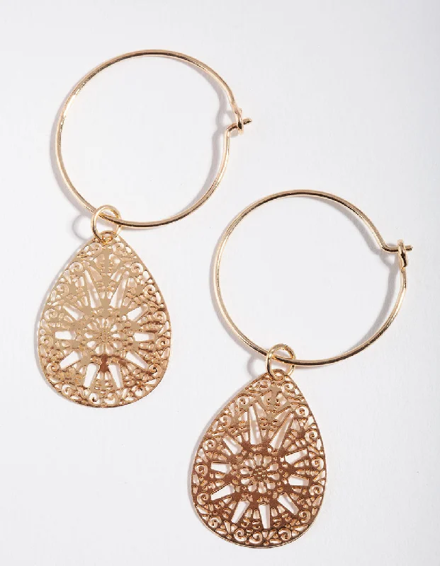 Women’s simple hoop earrings-Gold Filigree Hoop Earrings