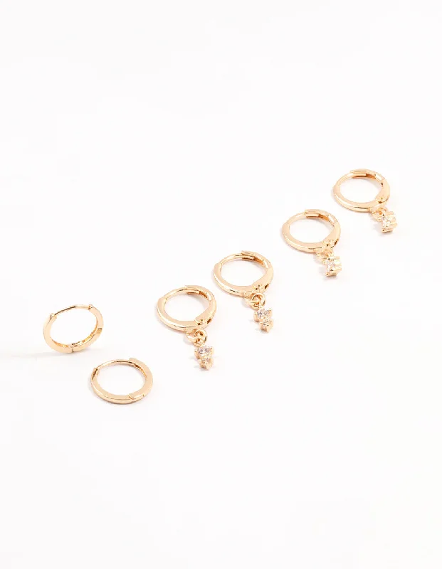 Women’s vintage earrings-Gold Dainty & Round Cubic Zirconia Hoop Earrings 3-Pack